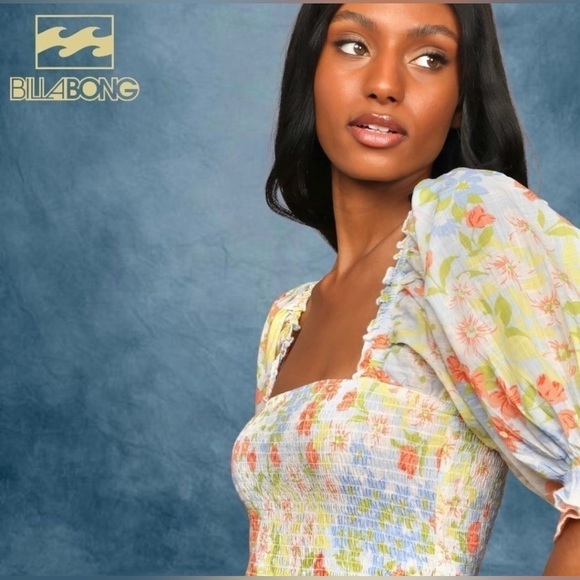 BILLABONG‎ Feeling Groovy Smocked Cropped Puff Sleeve Floral Print Top LG - Picture 9 of 15
